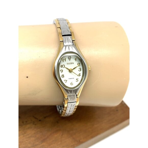 Elgin Women's Watch EG8076 Silver Tone Dial Two Tone Stainless Steel Petite Oval - Picture 10 of 13